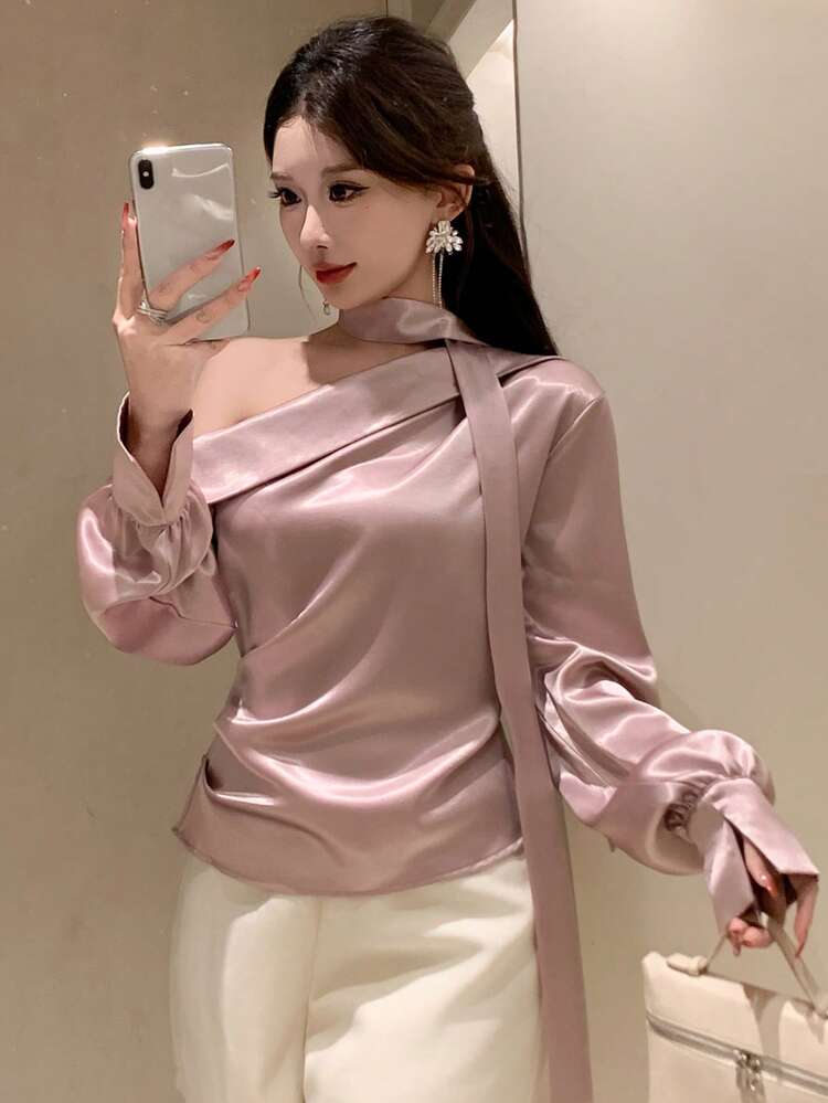 Women's Off-Shoulder Long Sleeve Shirt, Casual Design For Office, Commute, Wedding, Spring & Summer