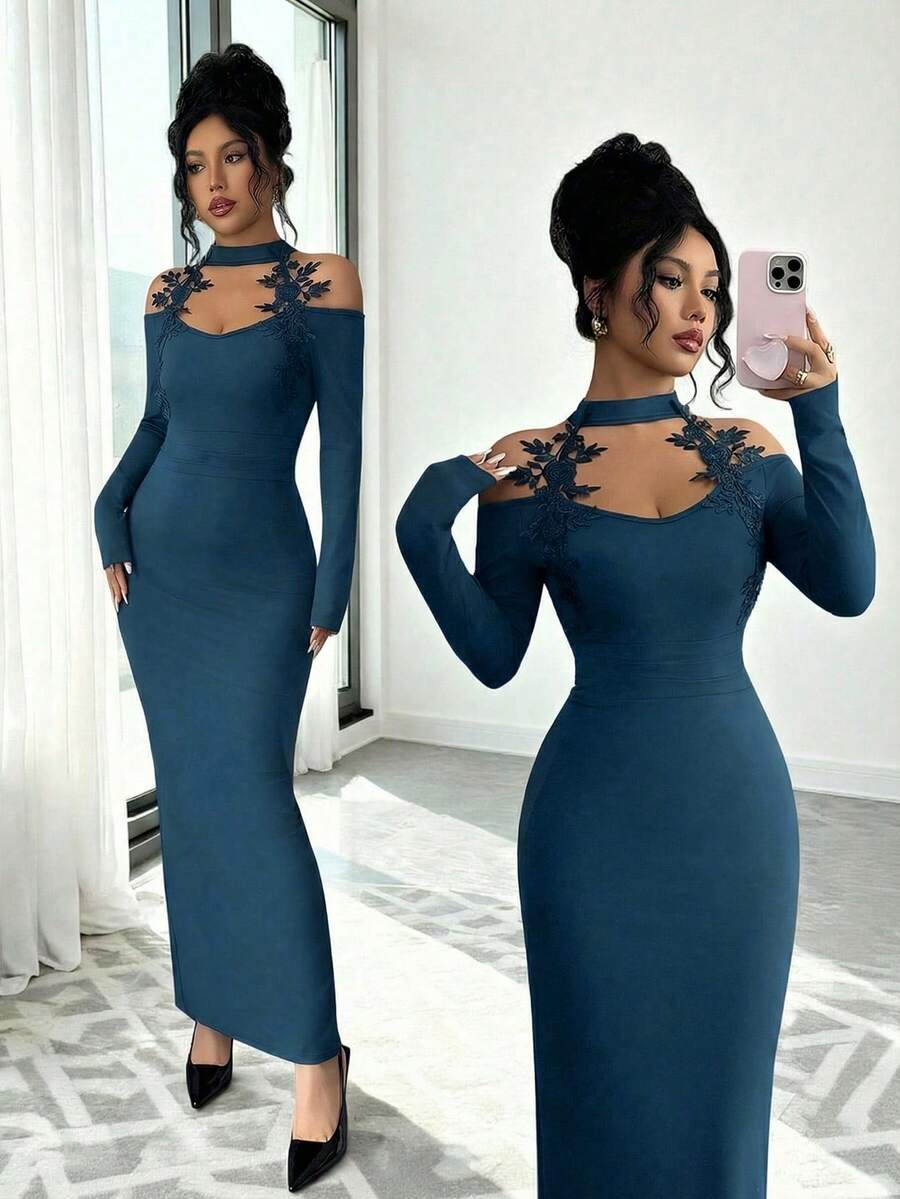 Elenzga Rochie elegantă, sexy, mulată, pentru femei, pentru petrecere de nuntă, cu mânecă lungă și guler înalt, cu model patchwork din dantelă, culoare solidă, toamnă/iarnă - imagine 4