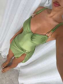 Glamine Women's 2 Pieces Swimsuit Set For Summer Beach Vacation, Asymmetrical Buckle Connection, Thick Shoulder Straps, Backless Tie Design, Hollow-Out One-Piece Swimsuit With Underwire, Paired With Split Skirt - Green - View 1