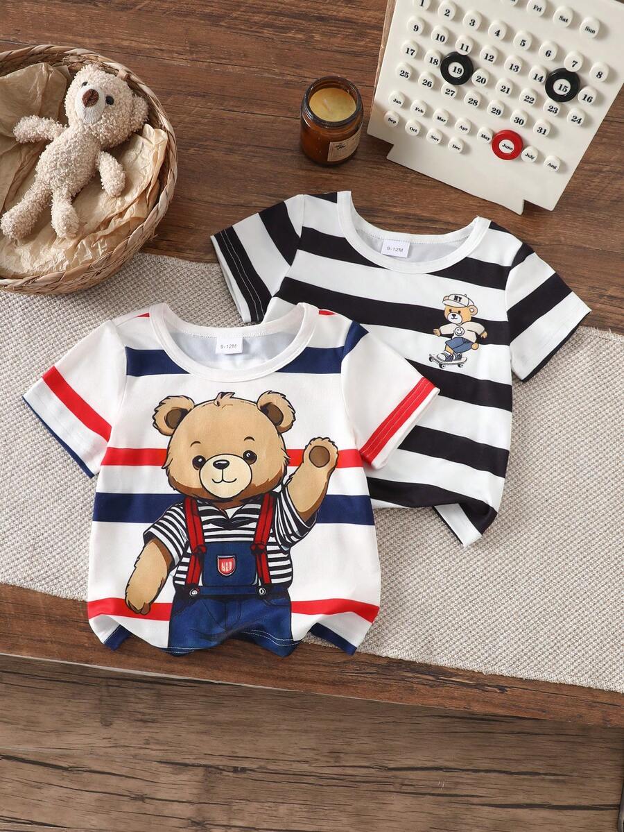 2件套男女童0-3岁简约休闲圆领短袖上衣套装，夏季男婴服装，条纹小熊图案上衣 - 彩色 - 查看 1