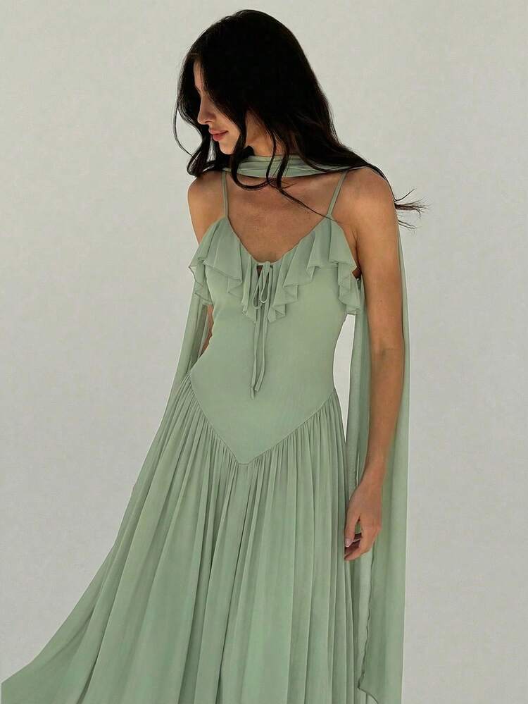 Aloruh Women's Elegant Ruffle Collar Fitted Waist Mint Green Beach Vacation Maxi Dress,Summer Dresses For Women,Spring Outfit Women ,Valentines Day Dress ,Elegant Dresses For Party,Beach Dresses For Women,Wedding Guest Dress, Elegant Dresses For Women ,Sun Dresses For Women ,Elegant Dresses For Party, Birthday Dresses For Women - Mint Green - View 2