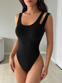 SHEIN EZwear Áo liền thân không tay, cổ chữ U, khoét vai, xẻ tà cao, phong cách tối giản thường ngày dành cho nữ, thích hợp cho mùa hè. - màu đen - Xem 3