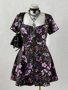 Sunspun 大码女式优雅复古波西米亚风印花休闲朋克摇滚金属拉链五角星扣宽松A字短袖连衣裙，适合日常穿着、返校、度假、春季、夏季、秋季。 - 紫色 - 查看 1