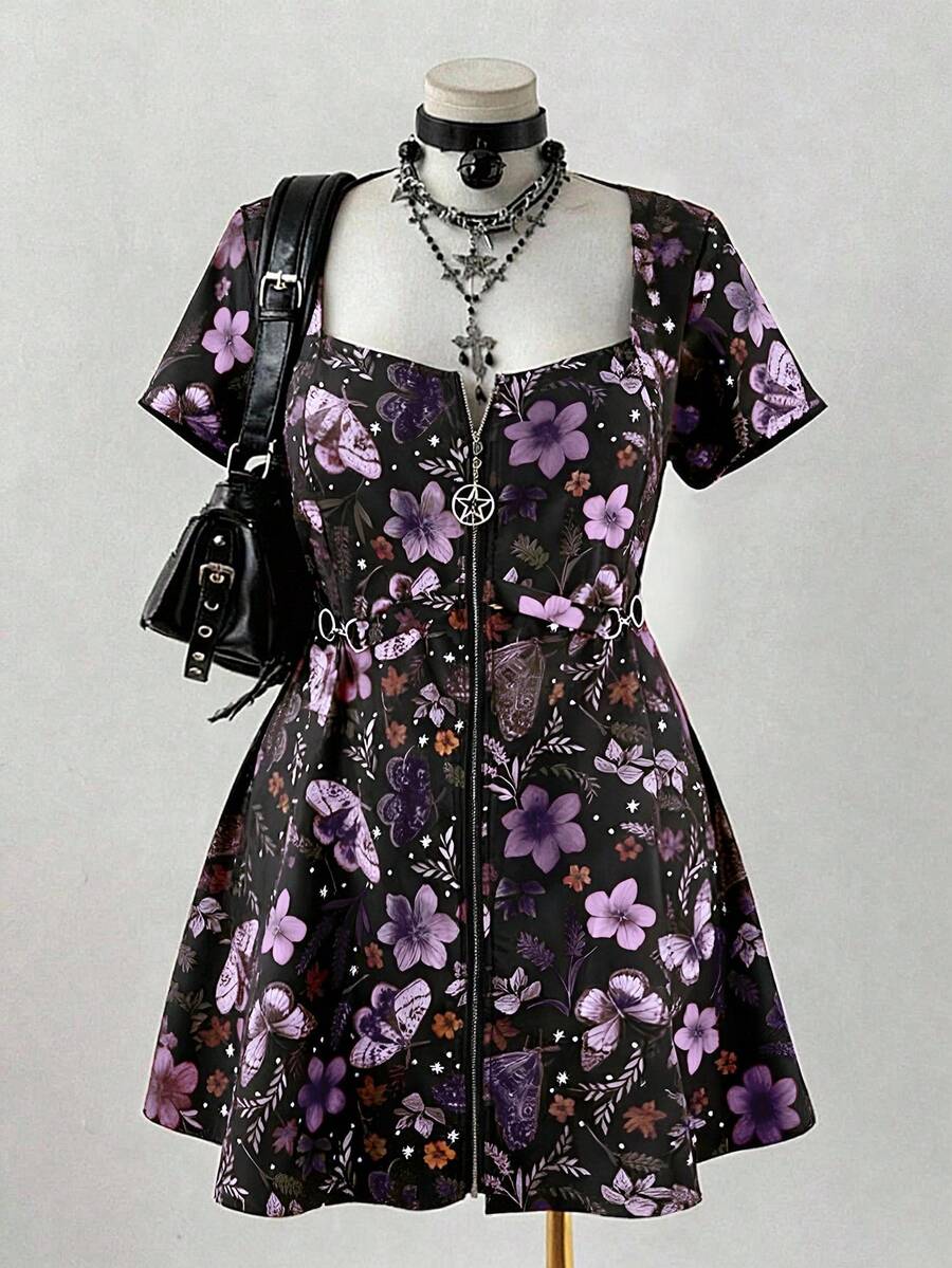 Sunspun 大码女式优雅复古波西米亚风印花休闲朋克摇滚金属拉链五角星扣宽松A字短袖连衣裙，适合日常穿着、返校、度假、春季、夏季、秋季。 - 紫色 - 查看 1