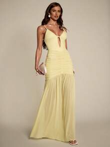 SHEIN BAE Vestido de cóctel de mujer con tirantes finos, espalda descubierta y drapeado en unicolor - Amarillo - Ver 1