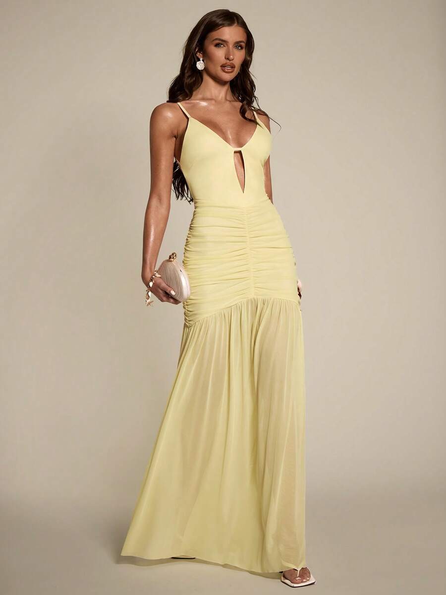 SHEIN BAE Vestido de cóctel de mujer con tirantes finos, espalda descubierta y drapeado en unicolor - Amarillo - Ver 1