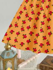 SHEIN Young Girl Elegant Red Rosewood Rose Print Dress,Cartoon Princess Pattern,Puff Sleeve Ruffle Hem,Orange,Autumn,Fairy,Party,Spring/Summer Casual Wear - White - View 8