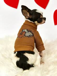 PETSIN 1件豹纹情书印花宠物服，大地黄运动风，厚实保暖的春秋季宠物服装 - 卡其色 - 查看 6