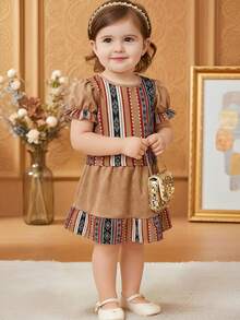 SHEIN Baby Girl Geometric Print Puff Sleeve Shirt Top And Skirt Casual Outfit, Suitable For Daily Wear And Gatherings - Multicolor - View 4