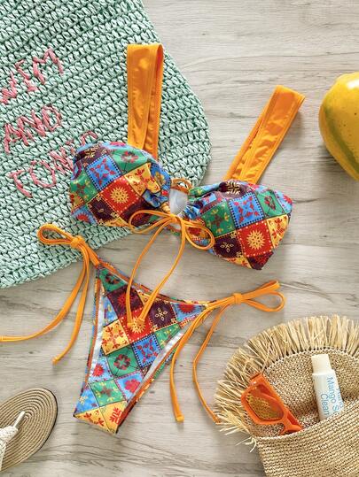 Swim Vcay Conjunto de traje de baño con tirantes anudados y espalda descubierta para mujer, de estilo casual y fashionable, adecuado para primavera, verano, otoño e invierno