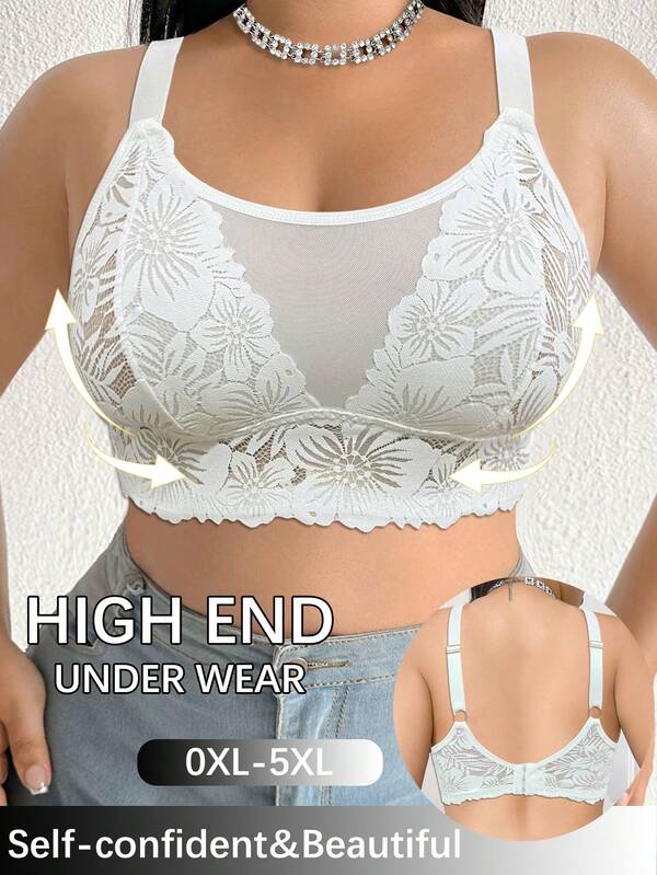 1pc Plus Size Lace Wireless Comfortable Breathable Bra