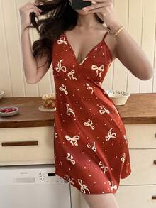 SHEIN Napfluff 女士仿丝波点深V领蝴蝶结吊带裙 - 酒紅色 - 查看 3