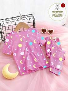 1set Young Girls Glow-In-The-Dark Cartoon Moon & Star Print Crew Neck Tight Fit Knit Short Sleeve Top And Pants Pajama Set - Pink - View 2