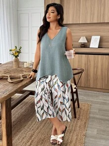 Weeklong Plus Size Summer Casual Solid Color Tank Top And All-Over Print Pants 2 Pieces Set - Green - View 6