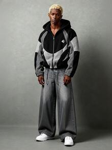 PAVTROS Color Block Patchwork Men's Hooded Long Sleeve Jacket, Zip Up Street Wear Jacket