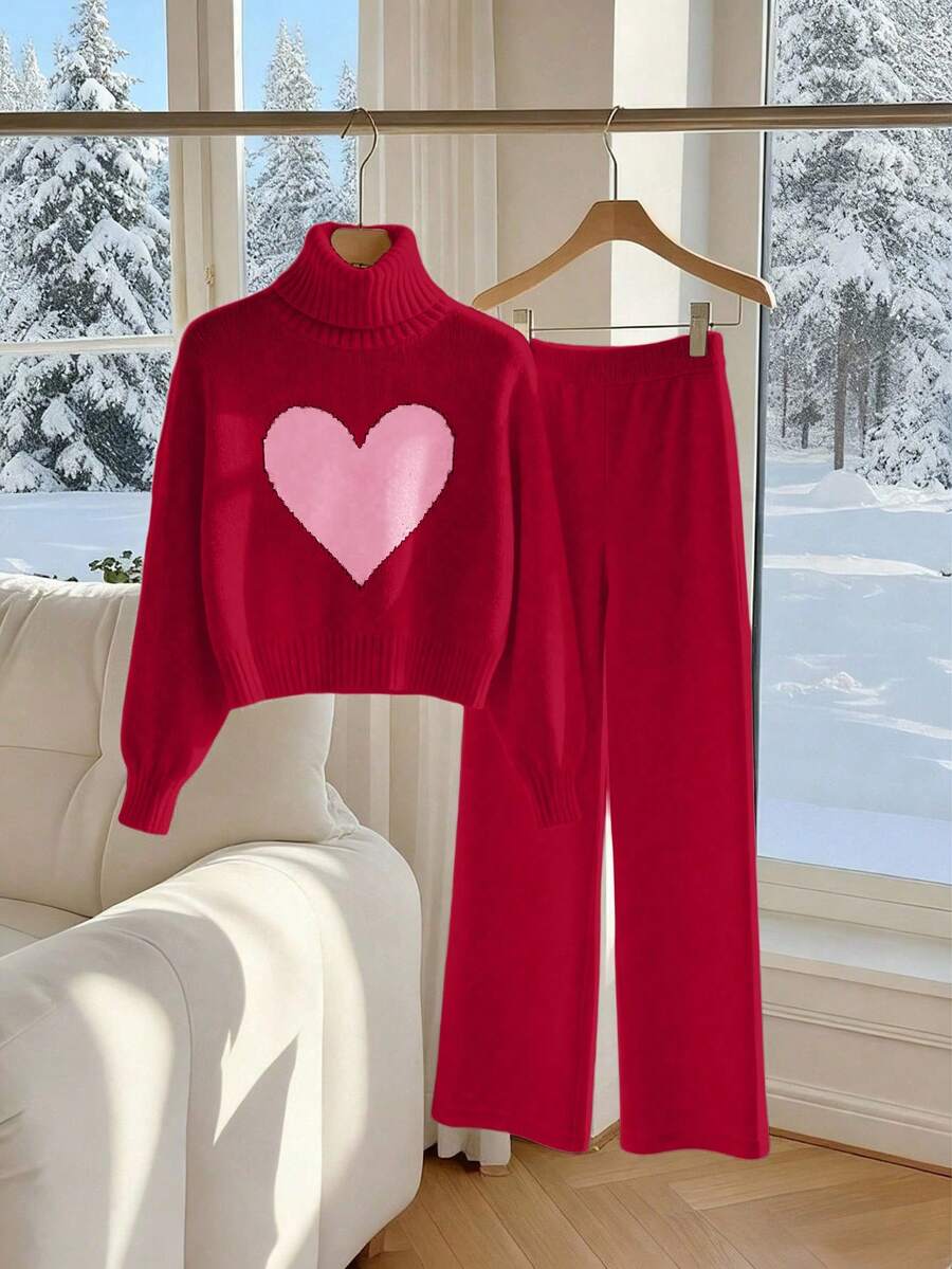 Franclia 2pcs/Set Women Casual Loose Fit Sports Style Korean Cute Versatile Wide Leg Pants & Sweater Set, Autumn/Winter - Red - View 1