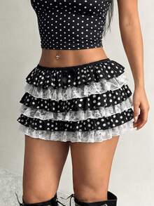 SHEIN SXY Váy quần nữ chấm bi phối ren xếp lớp, viền bèo nhún, đa năng cho hẹn hò/dạo chơi. - Đen và trắng - Xem 5