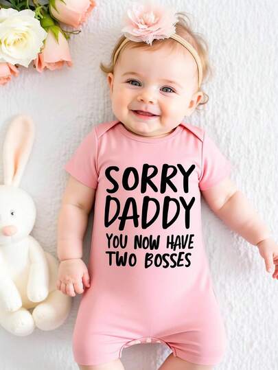 Baby Girl Cute Minimalist Holiday Letter Print Romper, Suitable For Spring/Summer Wear