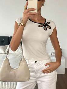 Siren Gaze Women's Hollow Design Asymmetric Collar Cap Sleeve Fashion T-Shirt - Apricot - View 1