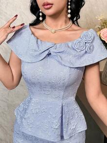 Modelyn Bộ đồ 2 món thanh lịch dành cho nữ: Áo và chân váy midi họa tiết hoa jacquard đính ren, xếp ly. - Màu xanh lam - Xem 4