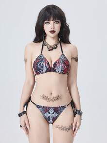 ROMWE Bộ đồ bơi 2 mảnh gợi cảm phong cách Gothic Punk Avant-Garde 26SS dành cho nữ, họa tiết hoa hồng Gothic tối màu, hình chữ thập và cánh thiên thần, bikini tam giác dây buộc nơ, màu đen/đỏ/đỏ tía, thanh lịch, lãng mạn, quyến rũ, thích hợp cho bãi biển, kỳ nghỉ trên đảo, lễ hội, tiệc tùng, mặc hàng ngày, kỳ nghỉ biển. Bộ đồ bơi nữ mới năm 2026 dành cho trường học, thích hợp cho kỳ nghỉ, hẹn hò, tiệc trà chiều. - Đỏ - Xem 9