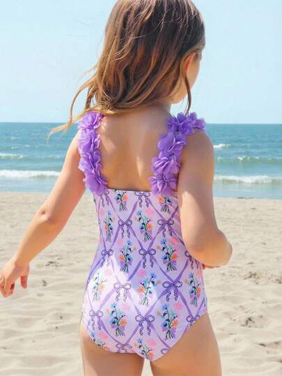 SHEIN Emery Rose Kids Young Girl Vacation Butterfly Print 3D Floral Decor Fashionable One-Piece Swimsuit Little Girl Purple Swimsuit Girls Lavender Swimsuits Lavender One-Piece Swimsuit Girls Floral One Piece Swimsuit Girls Purple One Piece Girls Purple Floral One Piece Swimsuit With Ruffle Straps For Summer Beachwear Kids Bow And Flower Print Swimsuit With Decorative Shoulder Straps For Girls Toddler Girl's Cute Floral Print One Piece Bathing Suit With Ruffled Details