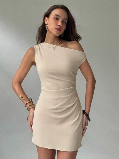 Aloruh Women's Oblique Shoulder Waist Ruched Minimalist Elegant Commuter Dress