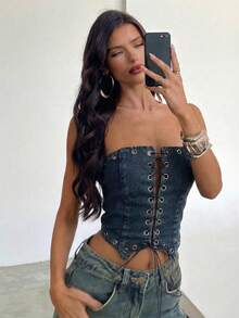 Aloruh Women's Sexy Denim Tube Top With Eyelet Lace-Up Design,Summer,Spring, Vacation, - Blue - View 7