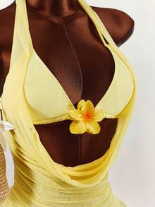 Amplova 三件套女士泳装套装，含垂褶领口罩衫和泳衣，包含印花泳衣，适合海滩度假，性感可爱春季女装 - 黃色 - 查看 5