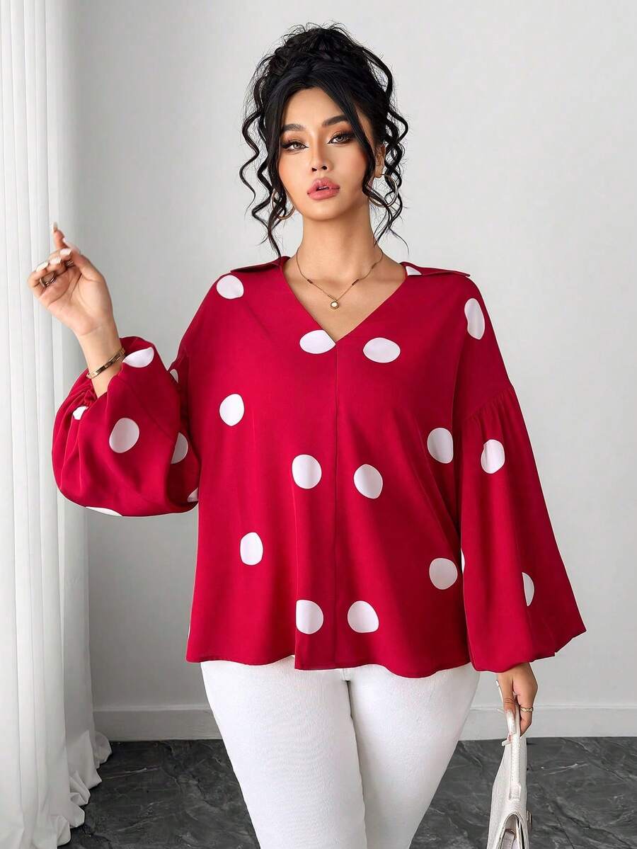 Elenzga Áo kiểu nữ cỡ lớn in chấm bi cổ chữ V tay phồng, thích hợp mặc đi nghỉ mát. - Đỏ - Xem 1
