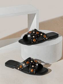 SHUZIA Sandal đế bằng nữ thanh lịch kiểu đan chéo, đính đá quý. - màu đen - Xem 7