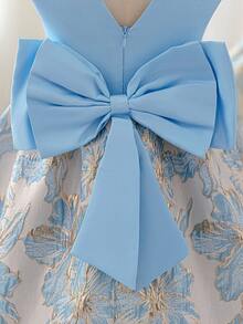 SHEIN Glamorique Kids 少女洋裝，大蝴蝶結，適合正式場合，生日派對花童，夏季，舞會禮服婚禮藍金優雅 - 藍色 - 查看 5