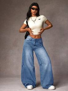 SHEIN ICON Quần jean nữ màu trơn kiểu dáng thường ngày - Màu xanh lam - Xem 2