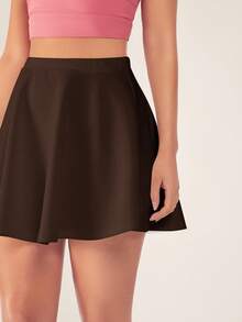SHEIN BASICS 女士纯色休闲百搭迷你裙 - 咖啡棕 - 查看 5