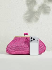 SHECARRY 女士手拿包，草编包，草编手提包，亮粉色，时尚，优雅，简约，个性化，百搭，经典，适合海滩、度假、假日、夏季、海边、沙滩派对 - 玫紅金屬 - 查看 3