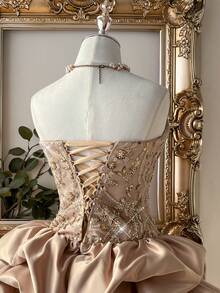 Lovelzi 优雅撞色香槟红魅力无肩带V领束腰A字长裙，系带设计，适合约会、度假、生日、派对、舞会、毕业典礼、盛大晚宴等场合。 - 杏色 - 查看 7