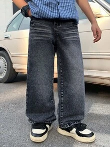 SHEIN 青少年男孩时尚休闲复古酷炫街头牛仔宽松舒适直筒牛仔裤，适合日常穿着，也适合春夏锐舞音乐节和街头潮流，2026春夏新款 - 黑色 - 查看 8