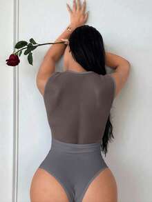 SHEIN SXY 女士白色网纱拼接无袖性感连体衣 - 深灰色 - 查看 2