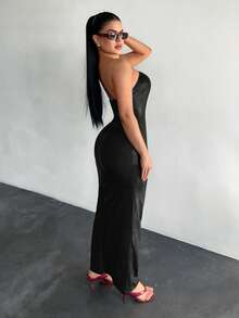 SHEIN SXY 女士纯色优雅收腰长裙，适合派对和各种场合 - 黑色 - 查看 2