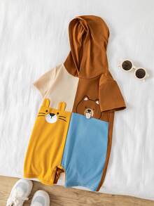 SHEIN Baju Terusan Bayi Unisex Baru Lahir Laki-laki/Perempuan Motif Hewan Lucu dengan Warna Kontras, Pakaian Bayi Musim Semi/Panas, Set Pakaian Bayi - Coklat - View 8