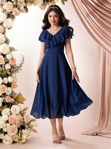 Pitira Kids Elegant Blue Midi Dress Blue Dresses Classy Elegant Navy Blue Formal Dress Dark Blue Dress Ruffle Sleeve Blue Dress - Royal Blue - View 5