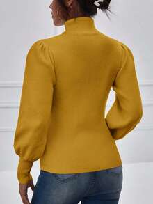 RueChic Turtleneck Lantern Sleeve Ribbed Knit Sweater - Yellow - View 2