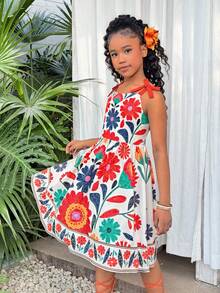 Tween Girls Elegant Pink Dress, Rose Flower Print Spaghetti Strap Ruffle Hem Bow Shoulder A-Line Dress, Suitable For Vacation, School, Outings, Spring/Summer - Multicolor - View 4