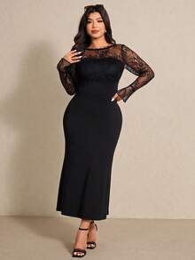 Elaquor Plus Size Women Contrast Lace Round Neck Flare Sleeve Fitted Elegant Dress - Black - View 6