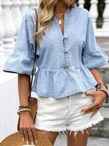 SHEIN PETITE Vintage Denim Shirt For Women, Round Neck With Frill Trim, Autumn - Light Wash - View 7