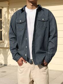 Manfinity Roghcode Men's Blue Vertical Striped Denim Casual Slim Fit Shirt - Medium Wash - View 8