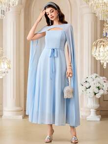 Modelyn Women's Elegant Party Dining Solid Color Hooded Long Dress Baby Blue Autumn - Baby Blue - View 6