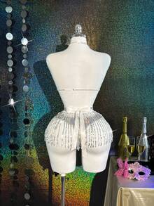 MidnightGlam 两件套女士性感连体衣搭配流苏亮片迷你裙，魅力四射 - 銀色 - 查看 2