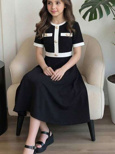 Tween Girl Vintage French Style Black & White Patchwork Short Sleeve Summer High Waist Snug Fit Design Dress, Accented With Gold Buttons, Versatile And Elegant For Commute, Dates, Parties And More Occasions