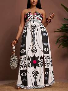 Veslaya Plus Size Women's 2026 Early Spring New Music Festival & Easter Western Style All-Over Print Halter Dress, Summer Dresses - Multicolor - View 10